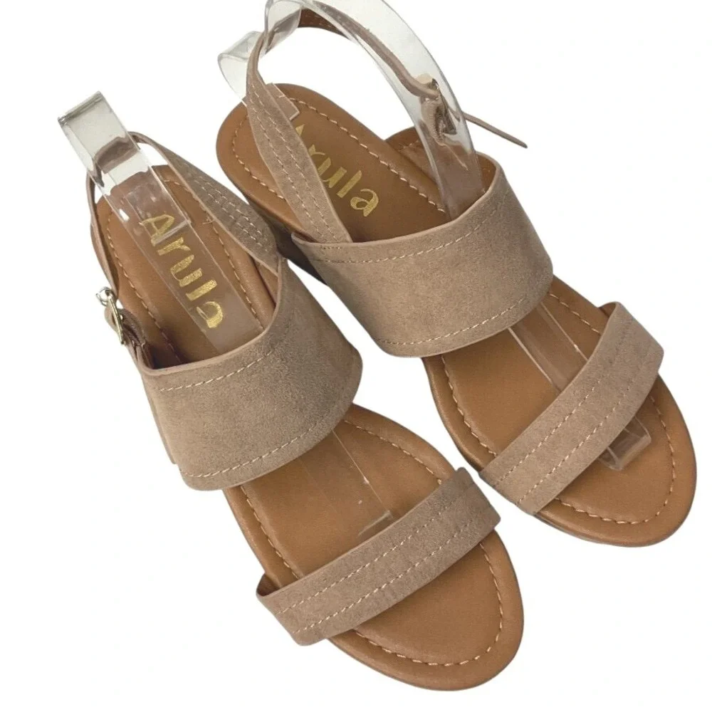 Arula Women's Suede Ankle Strap Platform Cork Wedge‎ Sandals Neutral Size 8